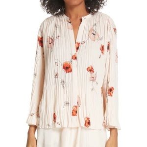 VINCE Pale Blush Tossed Poppy Pleated Blouse 3/4 Sleeves L
